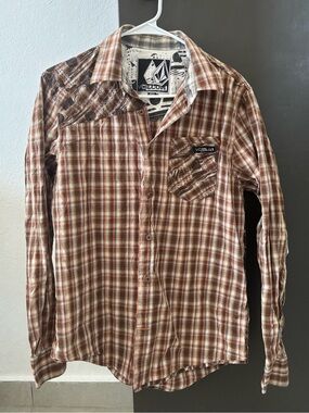 Volcom Men's Plaid Button-Down Shirt - Brown/Tan - Size Medium